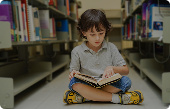 A child reading a book in a library.